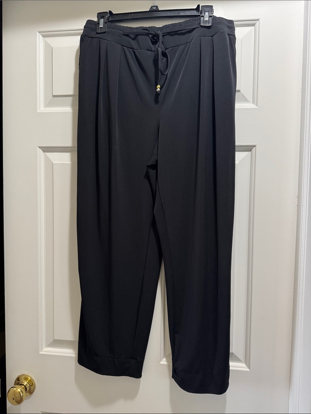 Women's Black Straight-Leg Drawstring Pleated Pants